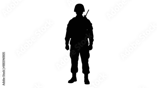 Silhouette of a Soldier Standing with Rifle on White Background