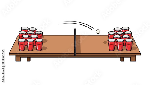 Illustration of Beer Pong Game Setup with Red Cups on Table