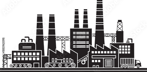 Black and white of a factory complex with smokestacks industrial manufacturing