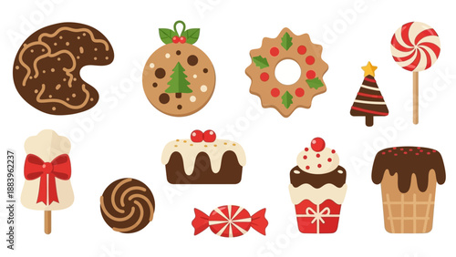 Collection of festive holiday cookies and sweets in flat design