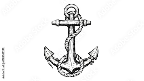 Vintage nautical anchor with rope in detailed black and white illustration