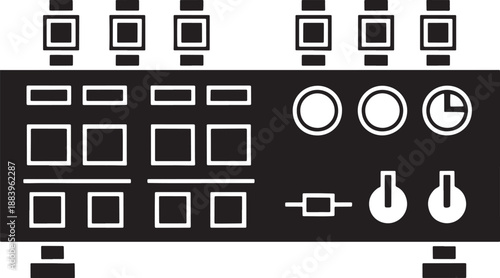Black and white of electronic device control panel with buttons and knobs switches