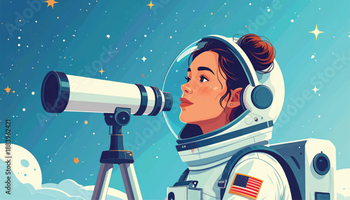 Astronaut Observing Stars Through Telescope in Space Suit.