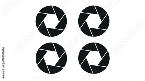 A minimalist graphic design featuring four camera shutter icons on a white background