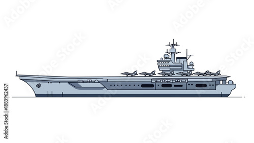Detailed vector illustration of a military aircraft carrier with jets