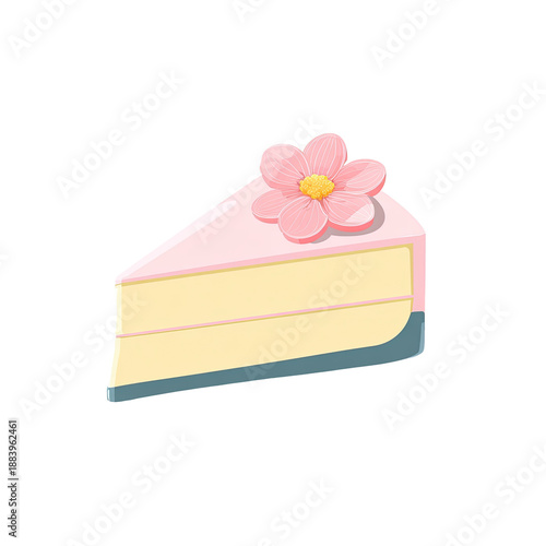 A cartoon slice of cake, topped with a pink flower, on a black background