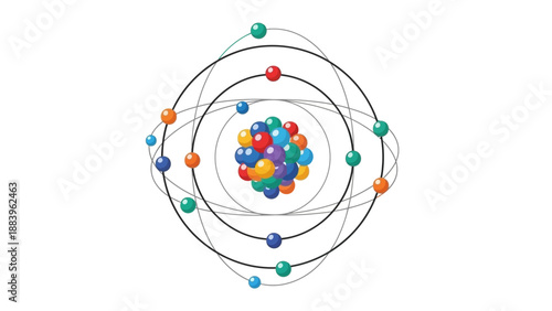 Colorful atomic model illustration with orbiting electrons and nucleus