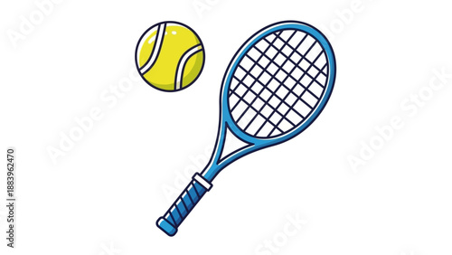 Colorful tennis racket and ball illustration on white background