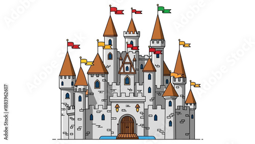 Colorful Medieval Castle with Flags and Towers on White Background