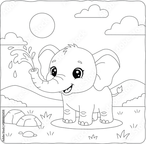 Cute baby elephant spraying water from trunk coloring page for kids, safari animal vector line art.