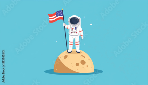 Astronaut Standing on Moon Surface with Flag.
