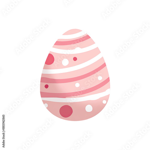 A cartoon Easter egg with pink, white, and red stripes and polka dots, on a black background