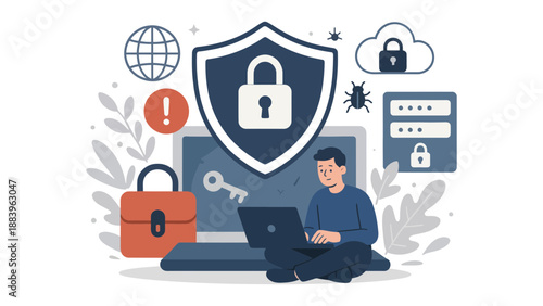 A man sitting with a laptop surrounded by cybersecurity symbols and icons
