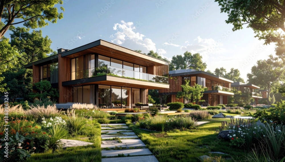 Fototapeta premium Modern luxury house with beautifully landscaped garden and pathway.