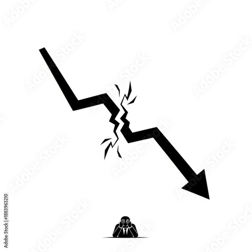 A person sitting on the ground, head in hands, beside a large broken downward arrow indicating decline or failure