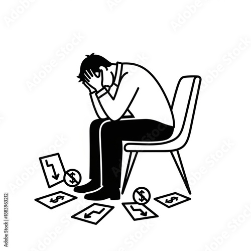 Man sitting on chair, surrounded by financial documents and currency symbols, experiencing stress and financial difficulties from a front viewpoint