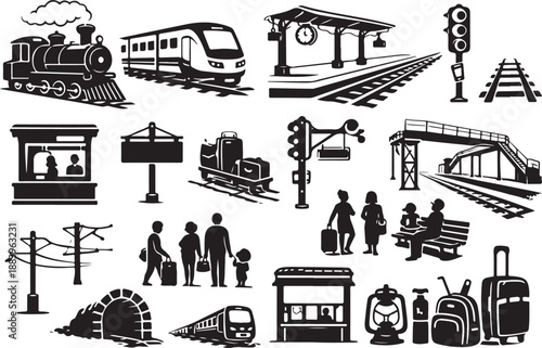 Railway Station Infrastructure Vector Icons featuring Steam Engine, Modern Train,