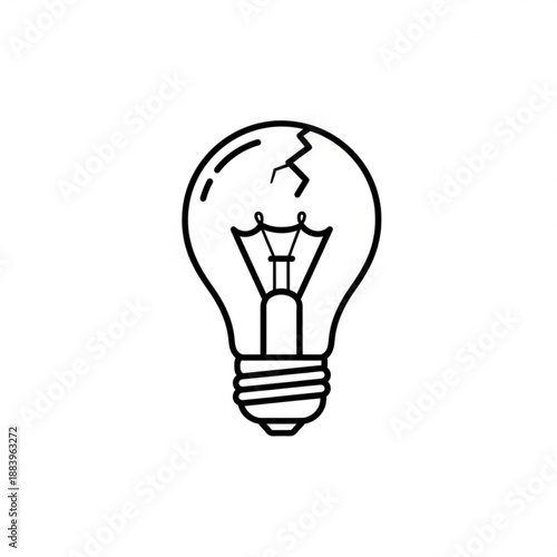 An illustration of a broken light bulb on a white background showcasing the cracked glass and exposed filament from a straightforward viewpoint