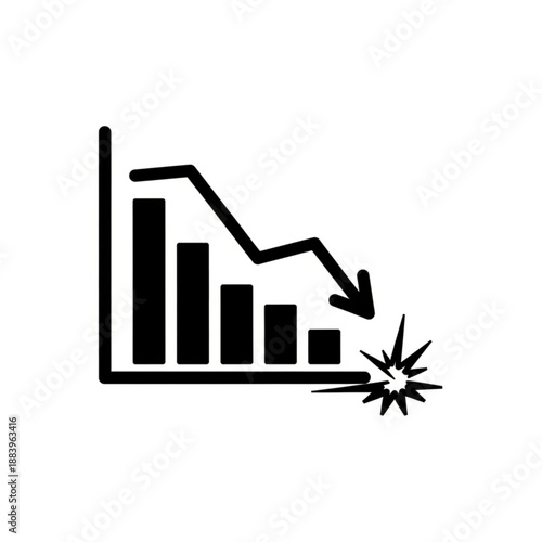 Declining bar graph illustration with downward trend and explosion impact visualization