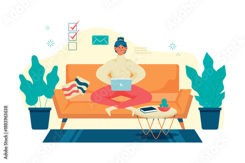 Remote Work Lifestyle Illustration with Woman Working from Home
Freelancer Working Comfortably at Home with Laptop Illustration

Work from Home Productivity and Digital Lifestyle Concept