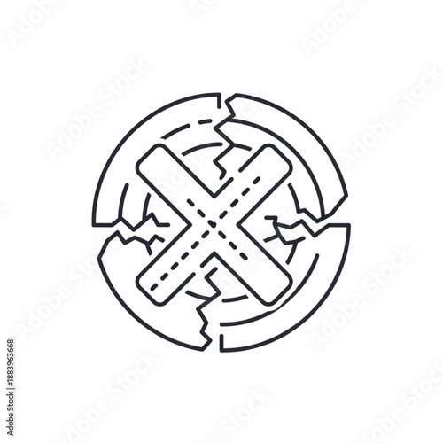 A broken symbol icon with a fractured circle and crossed lines illustrating rejection or cancellation from a frontal view