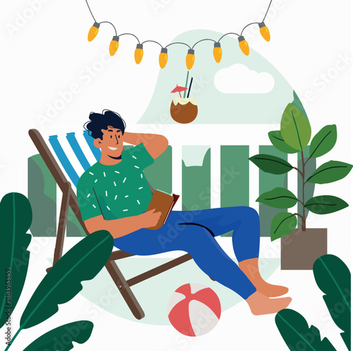Man Relaxing on Balcony with Book and Tropical Drink Illustration
Relaxed Man Reading Book on Balcony Summer Lifestyle Illustration

Cozy Balcony Relaxation with Book and Coconut Drink Illustration