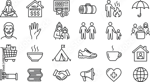 Charity and community aid icon set, 25 minimal outline icons for relief, shelter, food, healthcare, volunteering, donations and emergency services, vector pack