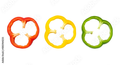 Top view of vibrant red, yellow, and green bell pepper slices, showcasing fresh healthy vegetables, neatly arranged, isolated on transparent background.