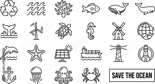 Ocean conservation icon set, twenty-five marine outline icons for wildlife, renewable energy, coastal protection, sustainable fishing, and ocean cleanup illustrations for environmental campaigns