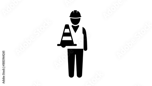 Simple black and white illustration of a construction worker holding a sign.