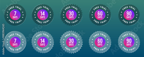 Free with trial badges set liquid glass vector. Demo test. Free offer