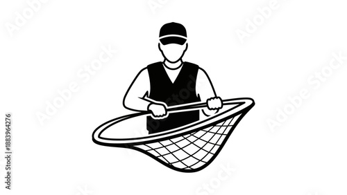 Man holding a large fishing net in a simple illustration.