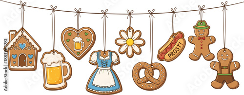 Oktoberfest gingerbread cookie garland illustration, traditional Bavarian sweets with beer, pretzel, dirndl and festive hanging decorations, cute hand drawn vector style