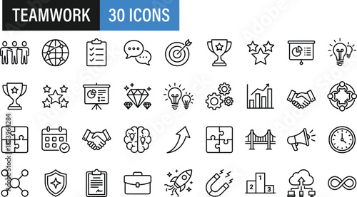 Teamwork line icon set, 30 business collaboration symbols for strategy, communication, success, leadership and productivity, clean outline vector icons collection