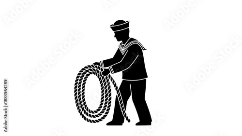 Sailor holding a rope in a simple black and white illustration.