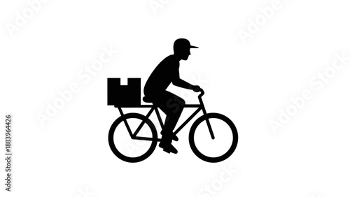 Silhouette of a delivery person riding a bicycle with a package.