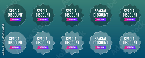 Discount sale shop now badges pop-up with liquid glass style