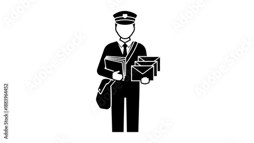 Simple black and white illustration of a postal worker holding mail.