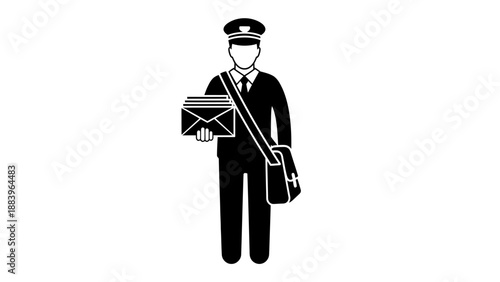 Simple black and white illustration of a postal worker holding mail and bag.