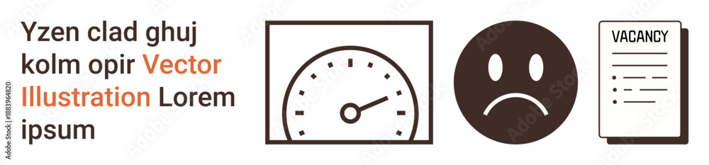Fototapeta premium Job market, employment difficulties, workforce performance, career search, unemployment, recruitment processes. Speedometer, sad face and vacancy paper. Employment difficulties and workforce