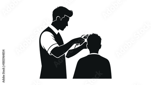 Barber cutting a man's hair with scissors.
