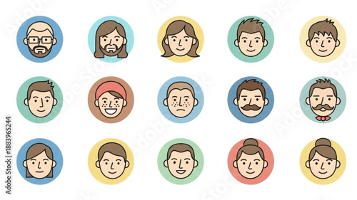 Collection of Diverse Cartoon Faces Representing People.