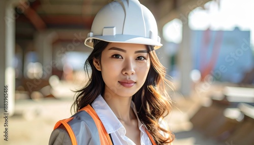 Confident female construction worker wearing a hard hat and safety vest on a building site.