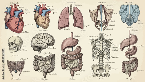 Vintage Anatomical Illustrations of Human Organs and Skeleton.