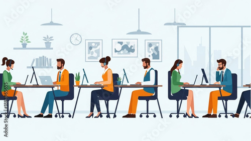 Diverse group of people working together in a modern office environment.