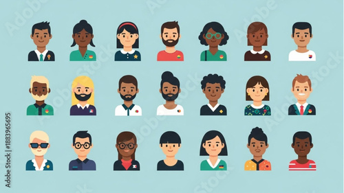 Diverse Group of People Avatars in Flat Design Style.