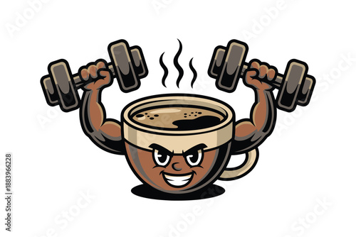 A cartoon coffee cup with muscular arms lifting dumbbells energetically upwards