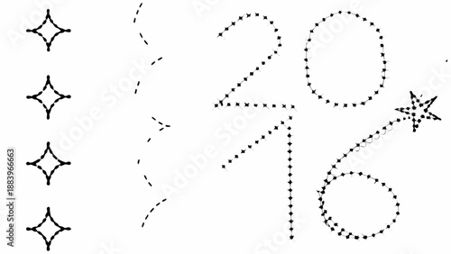 A minimalist vector graphic illustration of the year 2016 with dotted lines and star designs