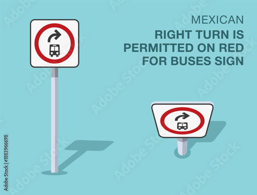 Traffic regulation rules. Isolated mexican "right turn is permitted on red for buses" road sign. Front and top view. Flat vector illustration template.