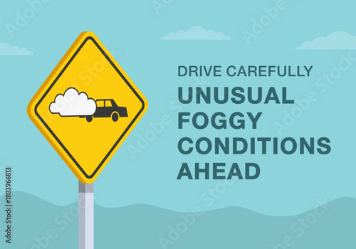Safe driving tips and traffic regulation rules. Close-up of canadian "fog area" sign meaning. Unusual foggy conditions ahead. Flat vector illustration template.